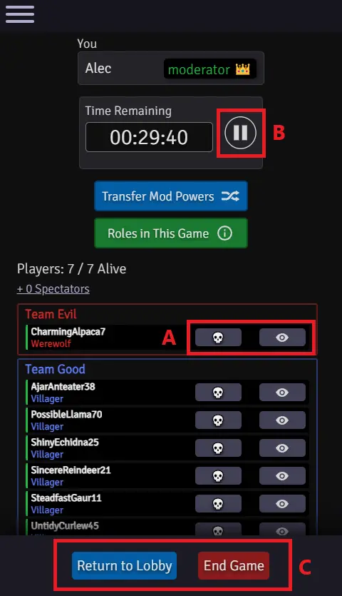 moderator view during the game